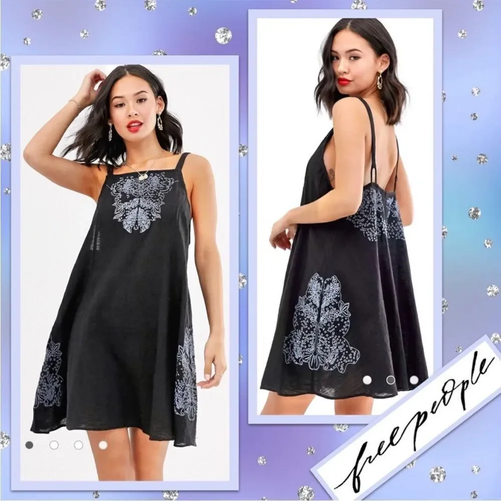 Free People Intimately Free Tulum Cutout Black Embroidered Slip Dress Boho